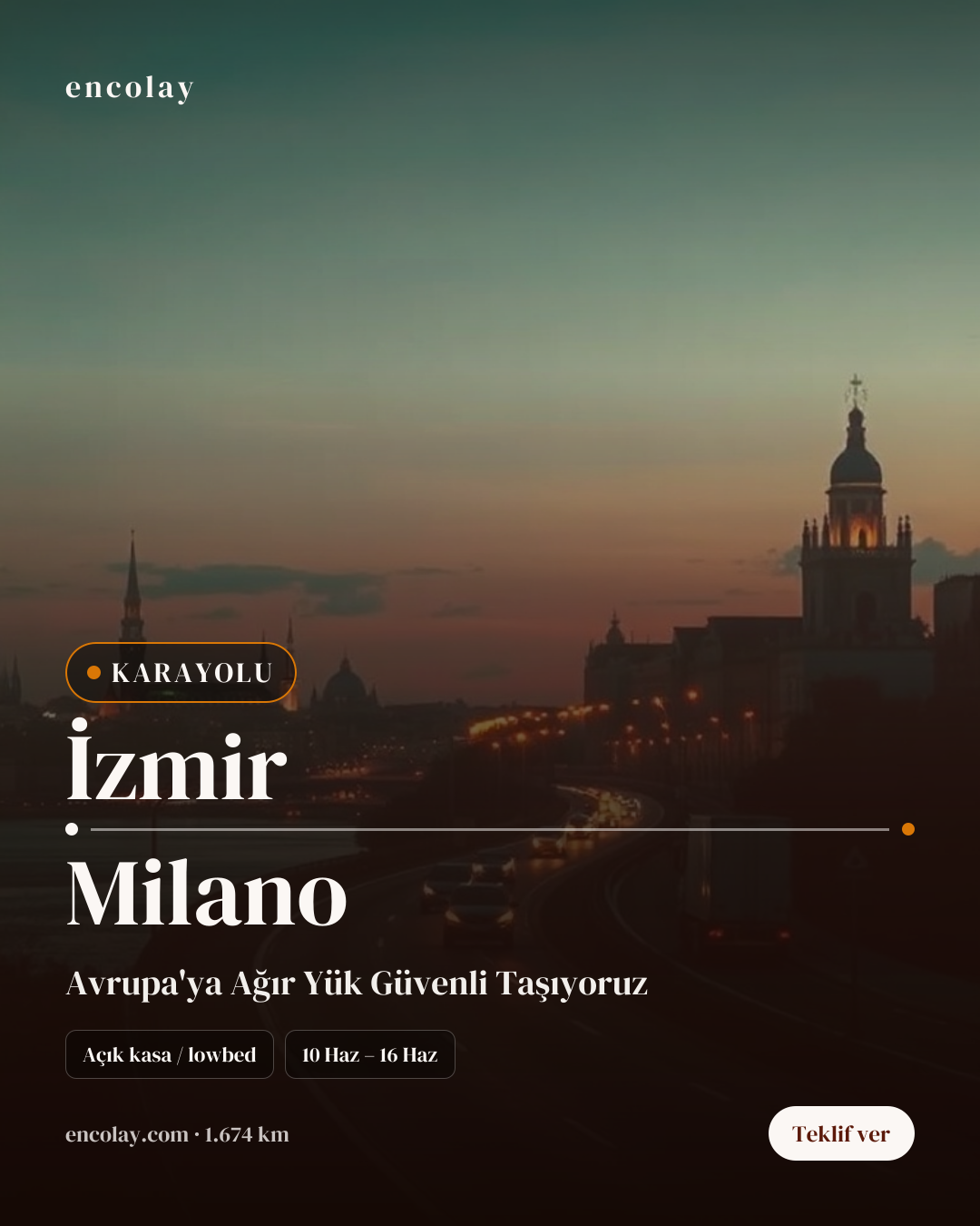 Boş araç: İzmir → Milano · Lowbed (ağır yük)